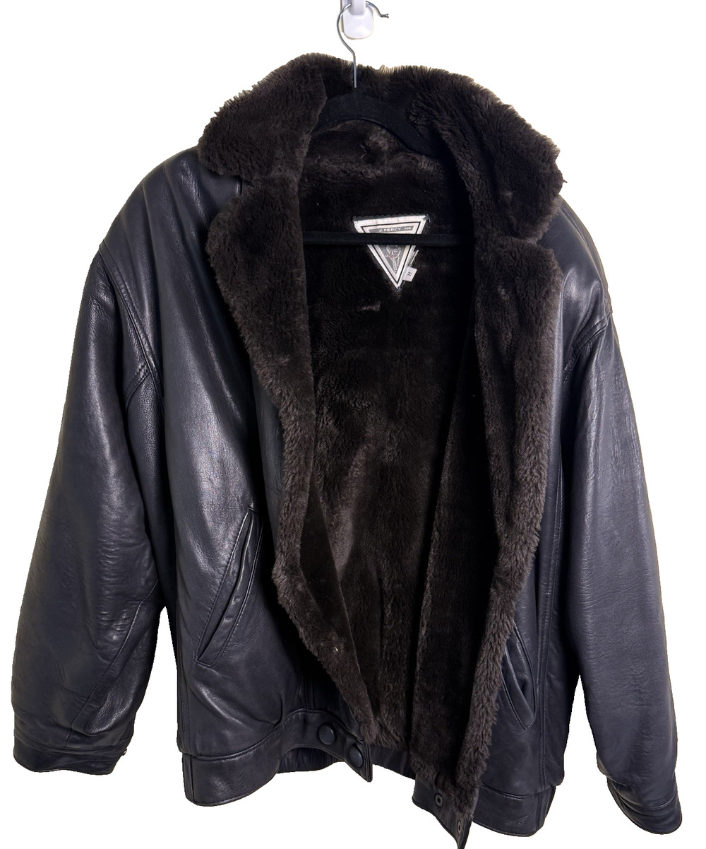80s J. Percy Martin Richards Black Leather Bomber Jacket Fur Collar Med Mob Wife